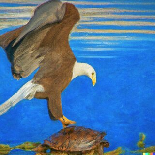 «Bald eagle throws tortoise oil painting» by DALL-E.