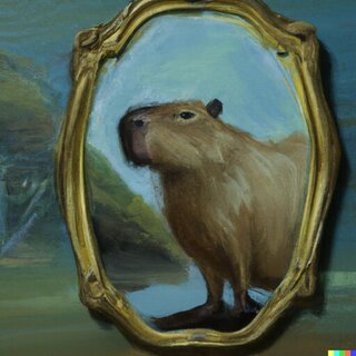 «Capybara looks at the mirror oil painting» by DALL-E.