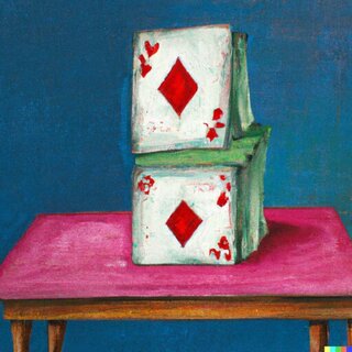 «House of cards on the table oil painting» by DALL-E.
